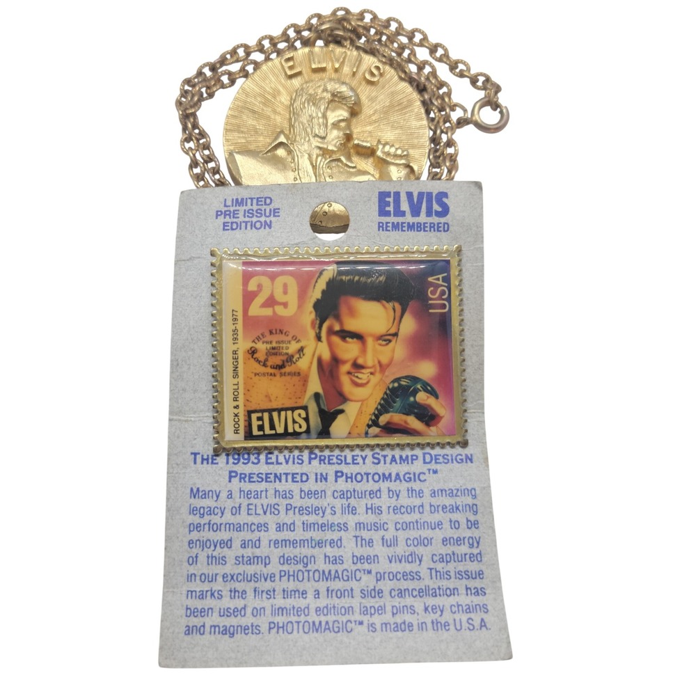 Elvis Presley Vintage Gold Tone King of Rock Necklace and 1993 Stamp Pin Set
